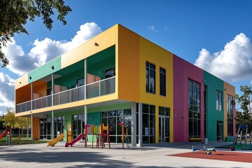 colorful modern school building with playground