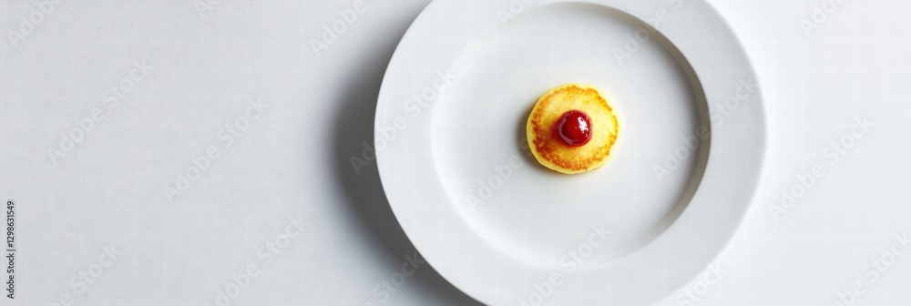 Poster delicious dessert featuring a small cake topped with a bright red cherry on a simple white plate. ge
