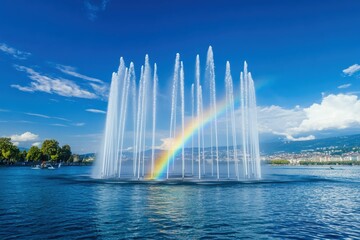 Fototapeta premium Genf Fountain - Water Rainbow in Geneva City Park