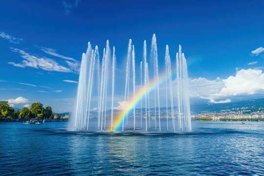 Genf Fountain - Water Rainbow in Geneva City Park