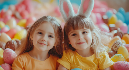 Happy smiling children with bunny ears celebrating easter day on colorful and captivating background with chocolates, bunnies and sweets