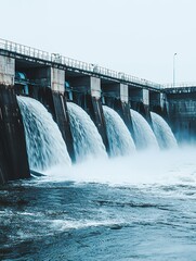 Turbulent Water Flowing Over a Concrete Dam Under an Overcast Sky