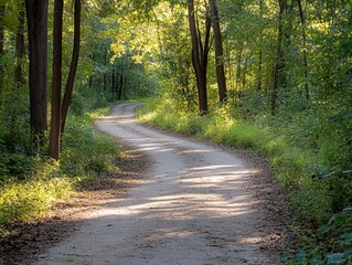 Fototapeta premium Winding road through a forest, with sunlight