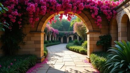 Fototapeta premium Camino de piedra arqueado con vibrantes buganvillas fucsias en cascada en el pintoresco jardín botánico 