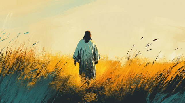 Rear view of Jesus walking in the field. Vector illustration