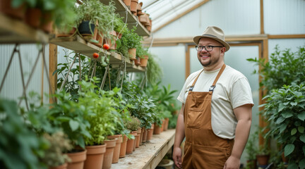 Obraz premium smiling man wearing overalls tends to potted plants in a greenhouse.