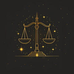 Golden justice scale icon on dark background symbolizing law, balance and fairness.
