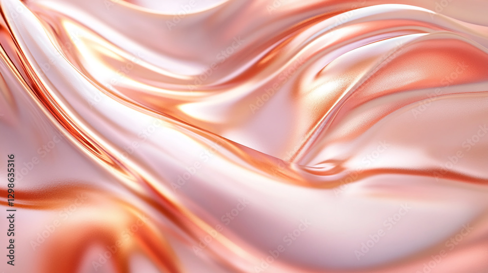 Poster close-up of shiny rose gold metallic fabric with flowing smooth curves and reflective surface, symbo