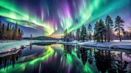 Night Sky with Dancing Green and Purple Aurora Borealis Over Snow-Covered Trees and River Reflection, northern lights, winter landscape