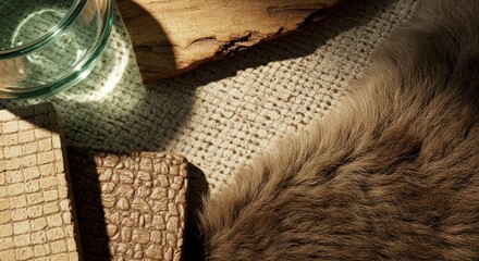 Rustic Textures: An artistic still life captures a blend of rough and smooth textures, combining elements of organic wood, soft fur, woven textiles, and a clear glass against the warm, natural tones.