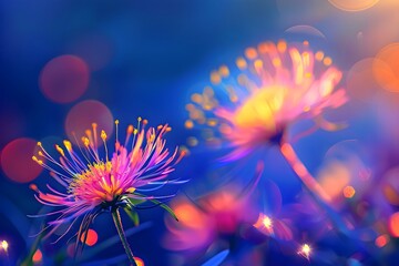 Vibrant pink dandelion flowers against blue background with bokeh effect. Magical nature scene for summer solstice, fairy tales, fantasy concept. Dreamy floral macro photography.