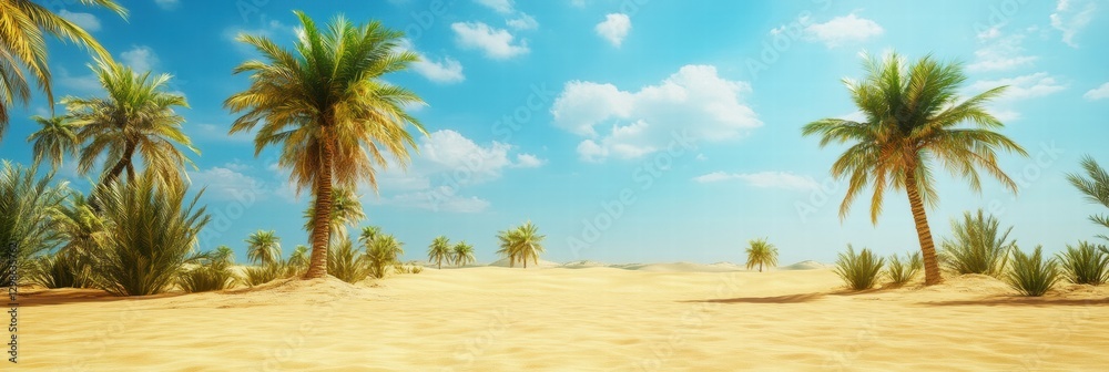 Poster expansive desert landscape with palm trees under a clear blue sky during daylight hours. generative 