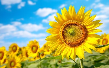 Fototapeta premium Vibrant Sunflower Field under Sunny Sky