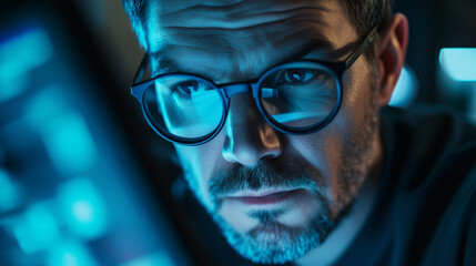 Focused man wearing glasses deeply concentrating on a digital screen in a tech-driven environment illuminated by blue light