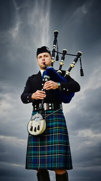 Portrait of a Scottish man playing bagpipes against a dark sky
