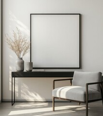 Minimalist Interior Scene with Chair and Empty Frame on Wall