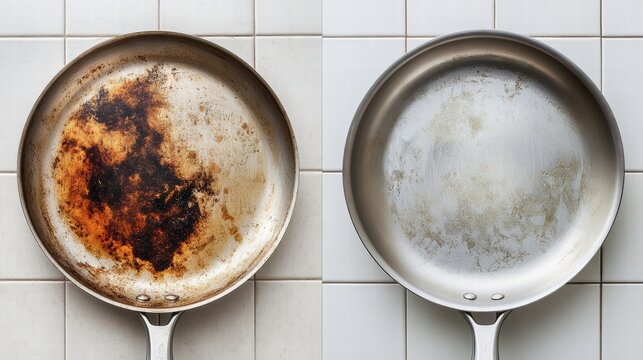 Before and after cleaning a stainless steel pan showing restoration from burnt stains to shiny surface. Generative AI
