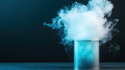 A captivating image of a metal canister emitting swirling steam against a dark background, creating an air of mystery and fascination in a scientific or experimental setting.
