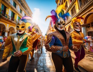 desfile de Mascaras clasicas de carnaval, estilo ultrarrealista, realista, 4k
