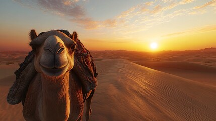 Tranquil Camel in Desert Sunset Close-up View