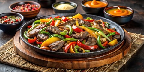 Sizzling beef and mixed vegetable stir fry on a hot plate with savory sauces, food, heat,  food, heat, plate, sizzling, sauce