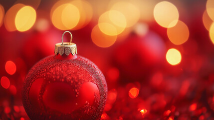 Obraz premium Bright red Christmas ornament reflecting warm holiday lights in a festive setting during winter season