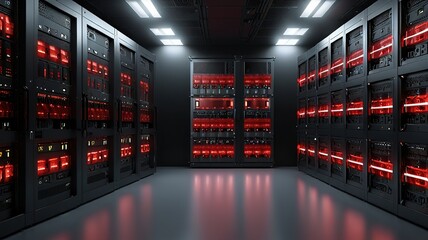 Connection network in servers big data center room storage systems, 3D rendering