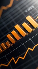 Bar chart and icons illustrate growth metrics related to sales and ROI on a sleek black background, highlighting data trends effectively