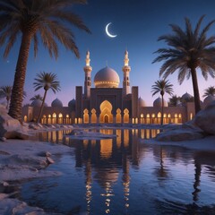 Naklejka premium Tranquil Reflection: Mosque and Palm Trees Silhouetted Against a Moonlit Night Sky