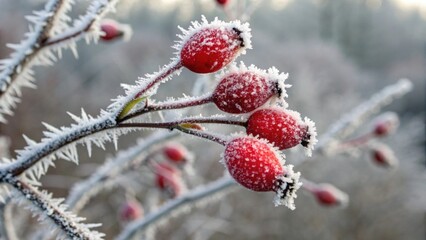 Frosted Prairie. Frosted close-up of red rose hips adorned with crystalline frost in a serene prairie setting. Frozen flowers plants.