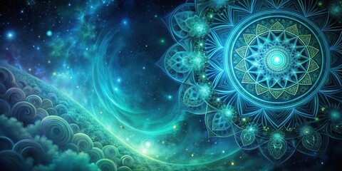 Mystical celestial night sky with swirling abstract geometric patterns in shades of blue and green on a dark background, evoking an otherworldly atmosphere , green, abstract