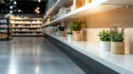 A contemporary store interior with neatly organized shelves and vibrant potted plants utilizes clean lines and minimalist design to create an inviting shopping experience.