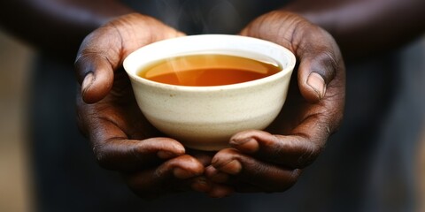 Warm cup of tea held in hands against a blurred background in a serene setting