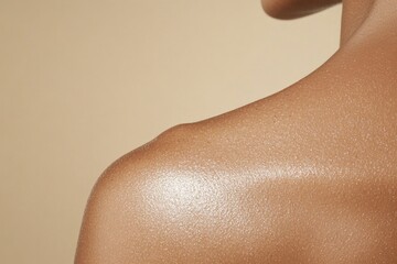 Smooth skin radiates warmth, showcasing play of light on shoulde