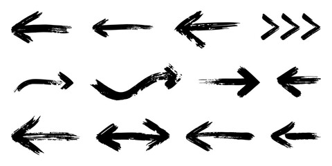 Set of bold, grunge style brushstroke arrows in various directions isolated on transparent background. Perfect for creative designs, infographics, and artistic projects. Vector art.