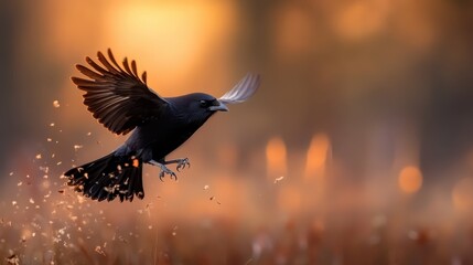 Obraz premium The image captures a black bird in mid-flight against a beautiful golden sunrise, symbolizing freedom and the beauty of nature in a serene setting.