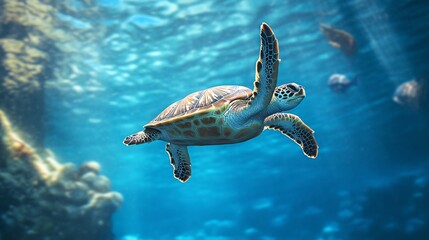 Obraz premium Graceful sea turtle swimming through vibrant coral reef underwater nature photography