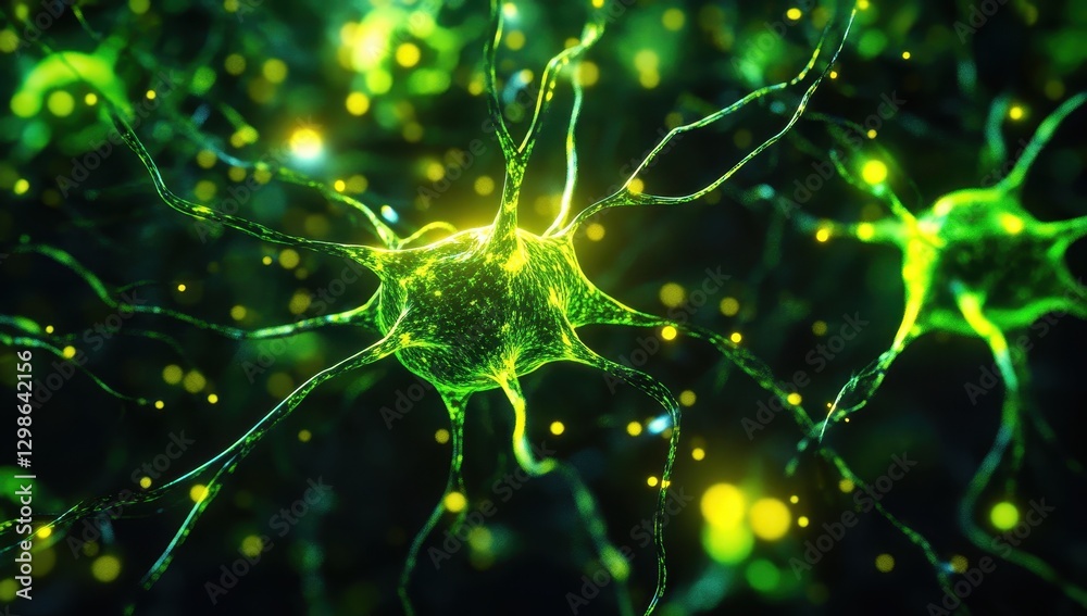 Poster abstract image of glowing neurons with synaptic connections and vibrant green lights in a dark backg