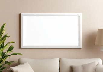 White Frame Mockup on Taupe Textured Wall Above Beige Couch