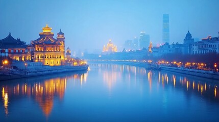 Fototapeta premium Chinese City Riverfront at Dusk