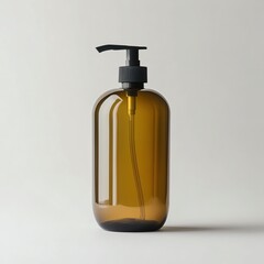 A sleek amber pump bottle stands elegantly against a light backdrop, perfect for storing liquids like lotions or soaps.