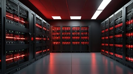 Connection network in servers big data center room storage systems, 3D rendering