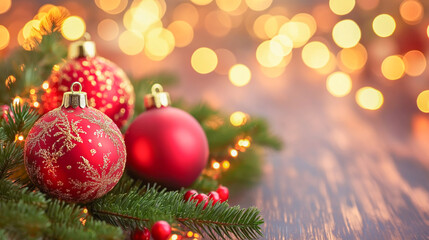 Obraz premium Colorful red ornaments adorn evergreen branches with twinkling lights in a festive holiday setting