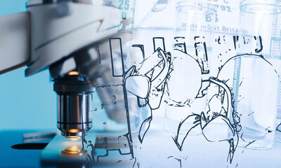 Microscope and lab vials with abstract hazard sketch, symbolizing scientific research and potential risks