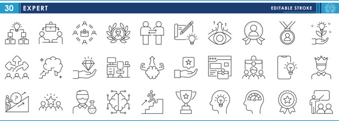A set of line icons related to Expert. Expertise, innovative, top, responsible, goal, targeted, job, crown, researcher, vision, and so on. Vector editable stroke.