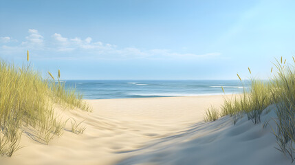 beach with dunes forming gentle curves, soft grasses growing along the edges, and the calm ocean providing a tranquil backdrop 
