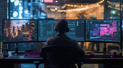 Immersive coding environment featuring a programmer with multiple monitors