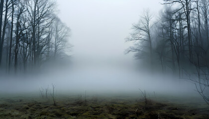 Fototapeta premium Misty landscape shrouded in fog, creating an eerie and tranquil atmosphere