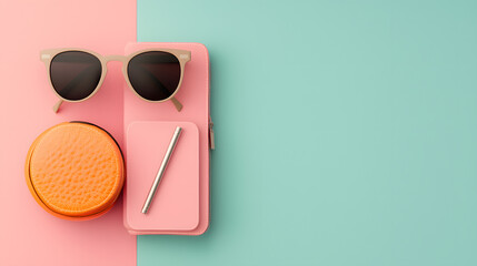 Naklejka premium Summer vibes sunglasses snack and notebook on colorful background lifestyle flat lay aesthetic
