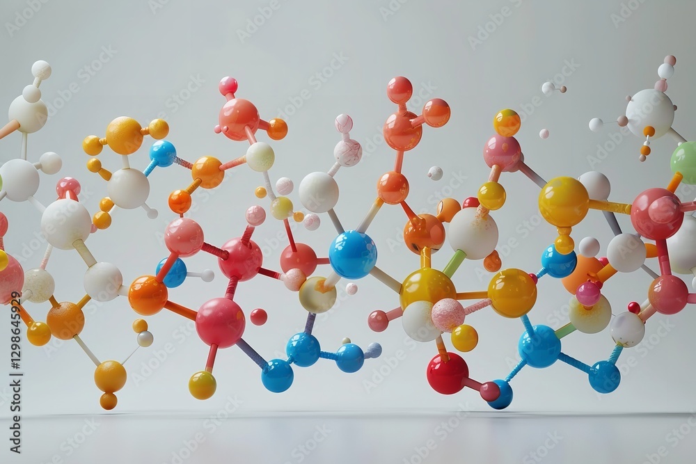 Poster an extremely close-up of using text space a whimsical depiction of several molecules each with its o